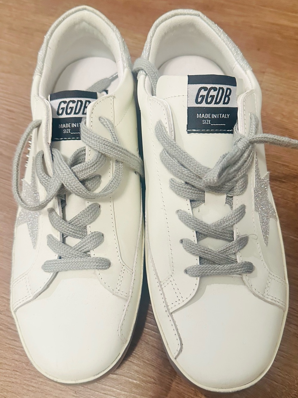 Golden Goose White Leather Sneakers with Silver Glitter Star